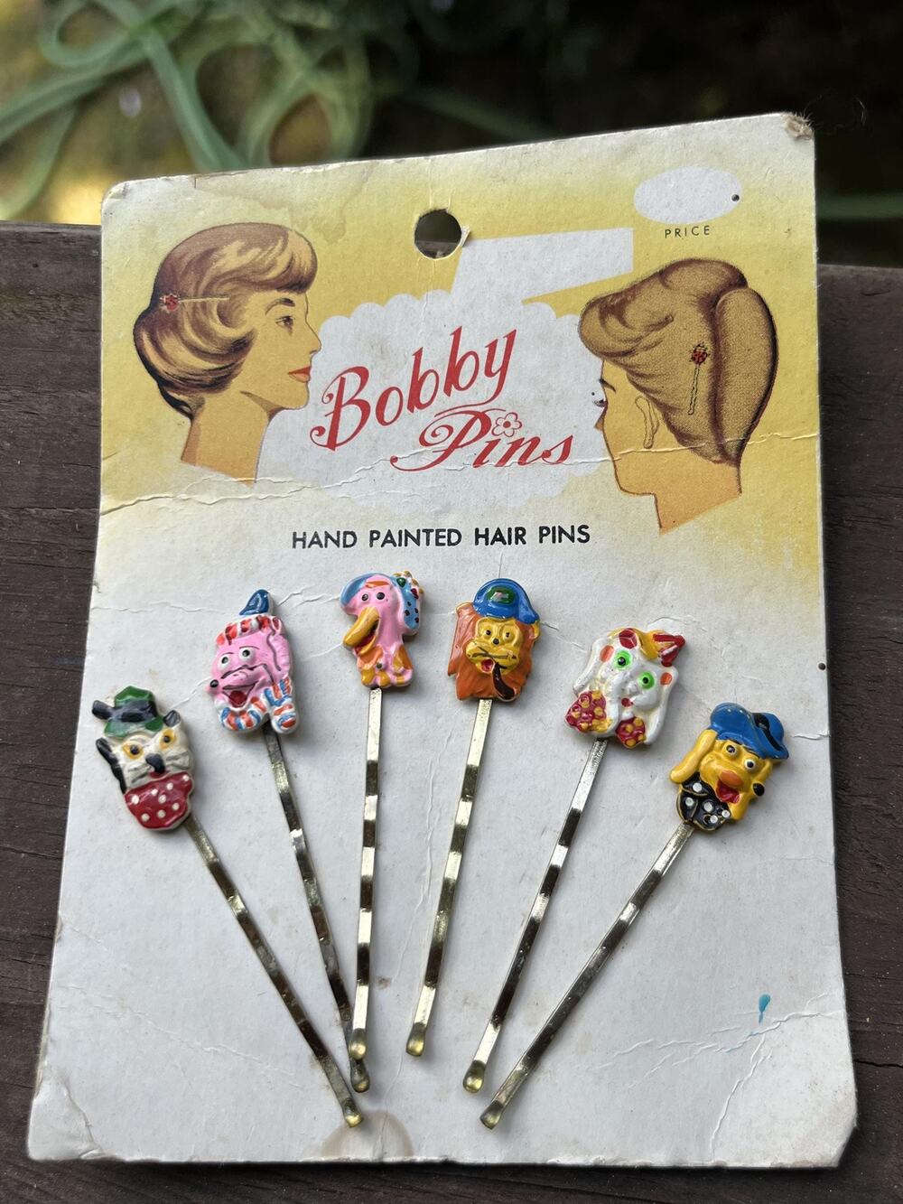 Vintage Hand Painted Bobby Pins on Original Card, Kitschy Mid Century